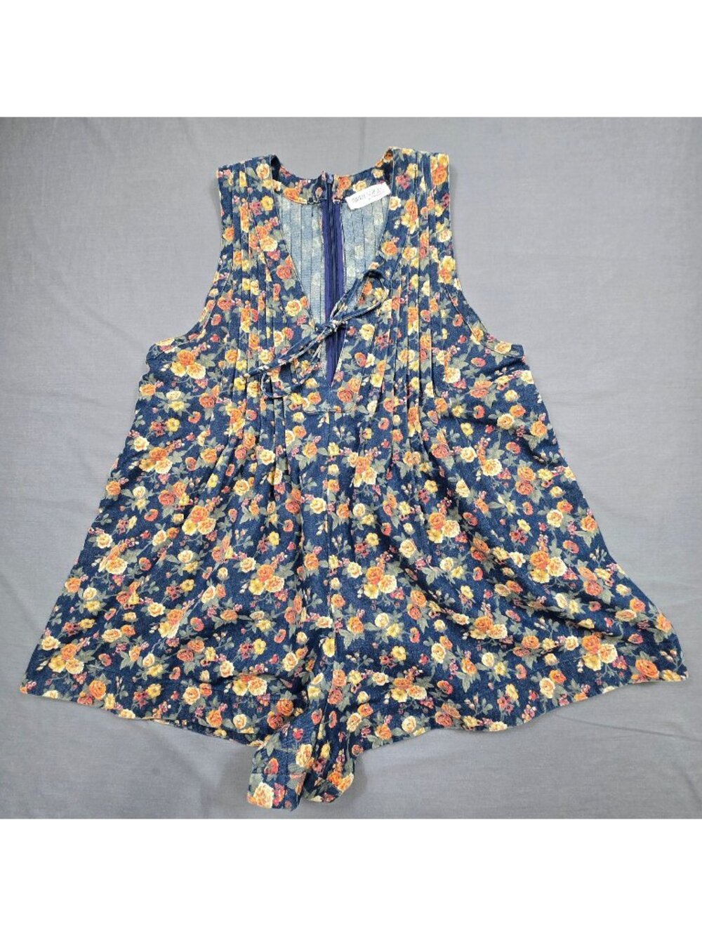 Vintage Impressions Large Floral Sleeveless Denim Romper Boho Plunging Neckline